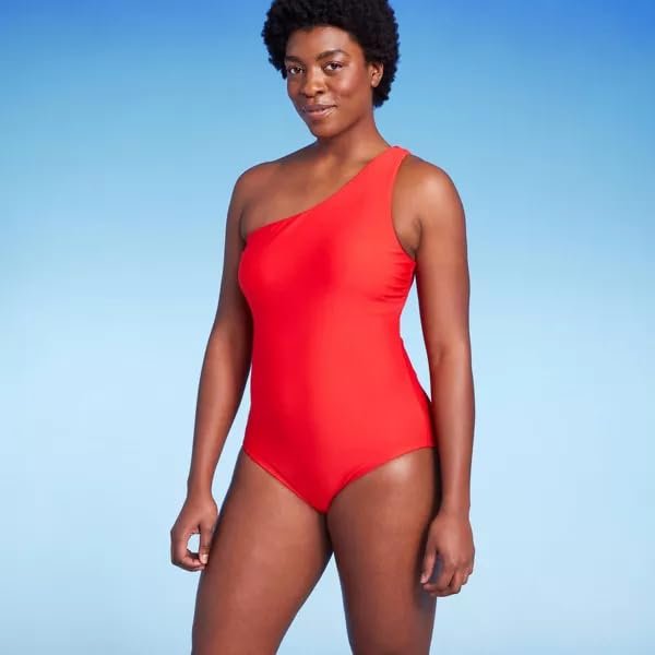 Kona Sol Women's Medium Coverage One Shoulder One Piece Swimsuit with Tummy Control - (Medium, Red)