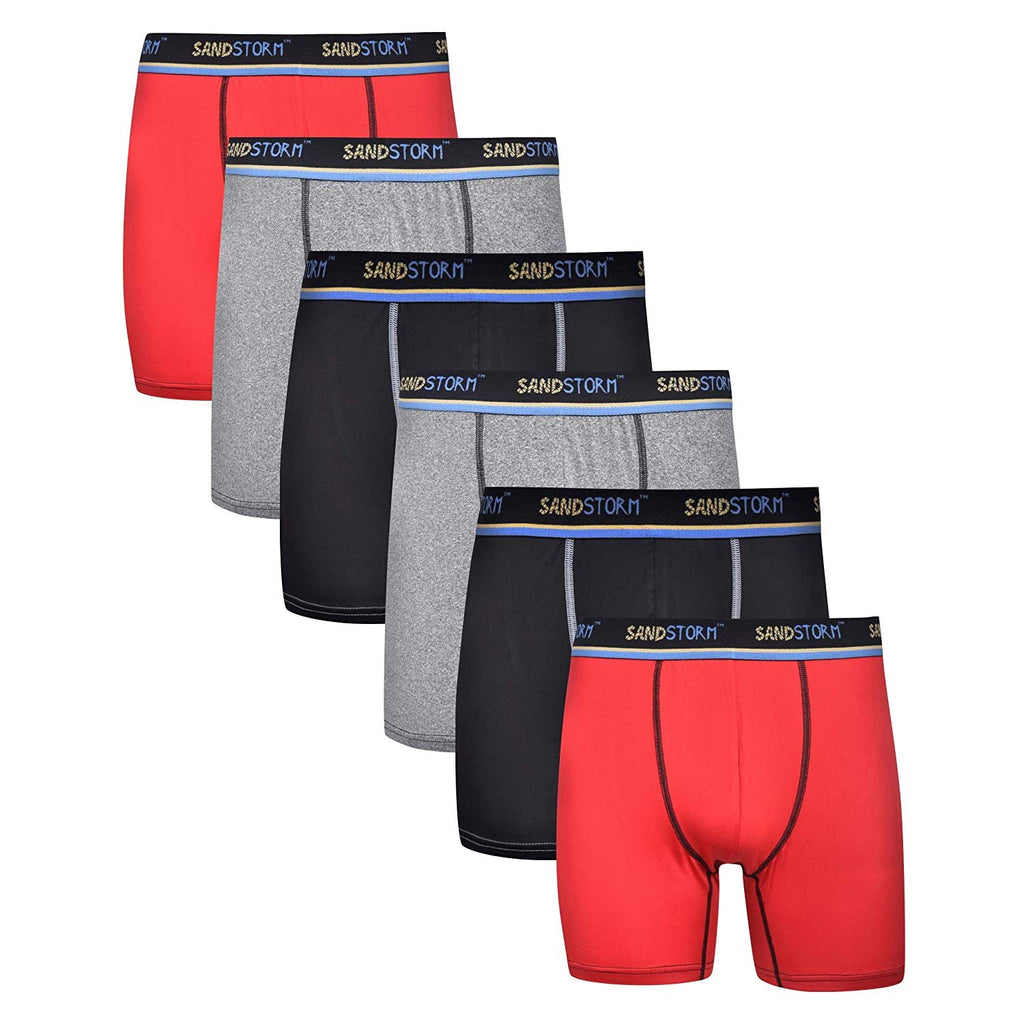 Black/Silver Heather/Polaris Sand Storm Mens Performance Boxer Briefs - 6-Pack No-Fly Tagless Breathable Underwear S-5XL Regular or Plus Size