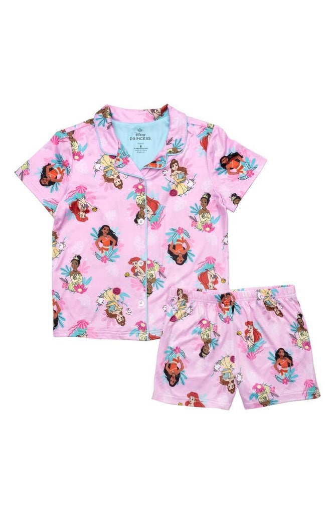 Centric Brands Girls’ Princess 2pc Pajama Set – Collared Button-Down Top & Shorts – Moana, Ariel, Tiana & Belle – 2T–10