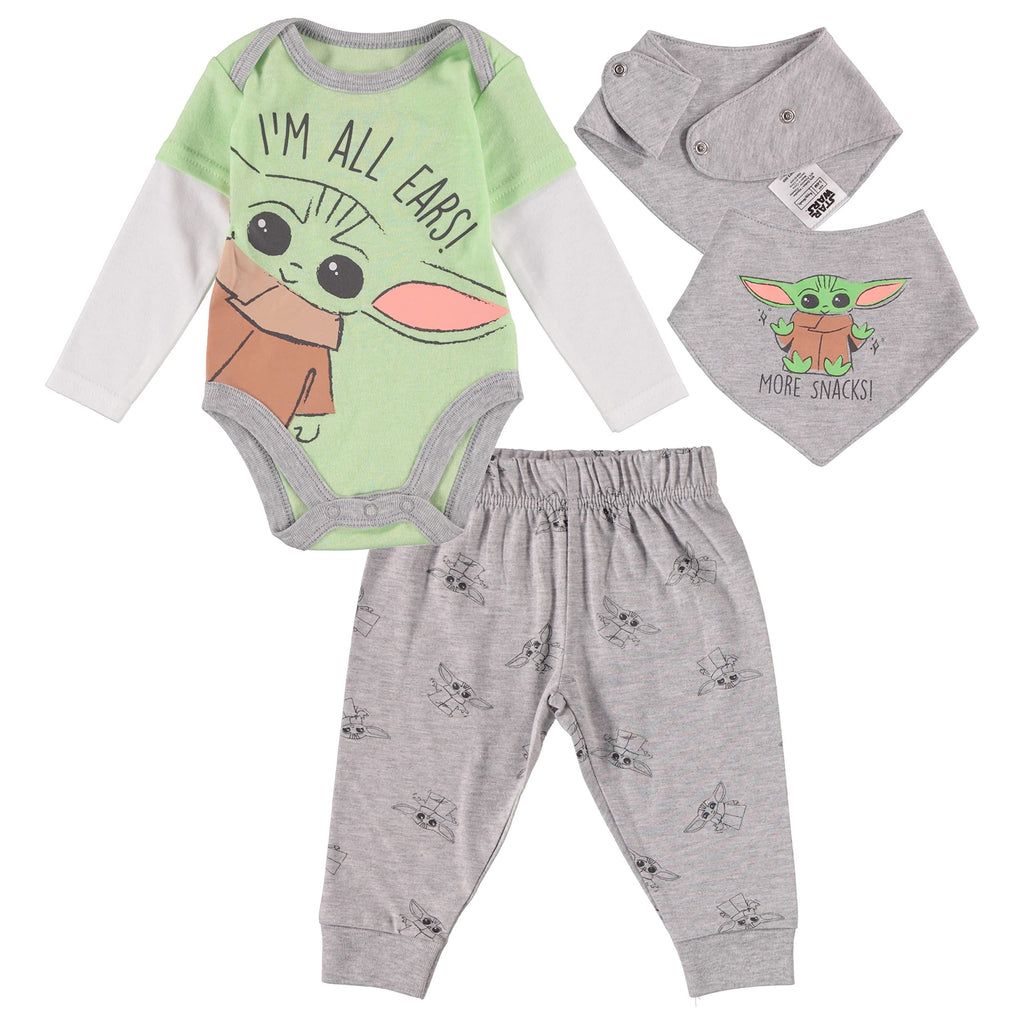 STAR WARS Baby Yoda Boys' 3 Piece Long Sleeve Bodysuit Pull-on Pants and Accessory (Green/White/Grey, 6-9 Months)