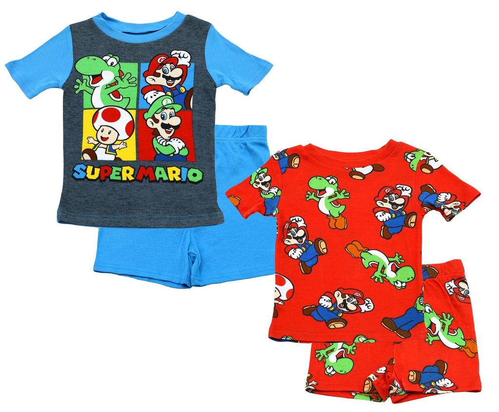 Nintendo Pj for Boys, 4 Piece Cotton Super Mario Brothers Pajamas for Kids, Super Mario Shirt & Shorts Set, Size 6 Red/Blue