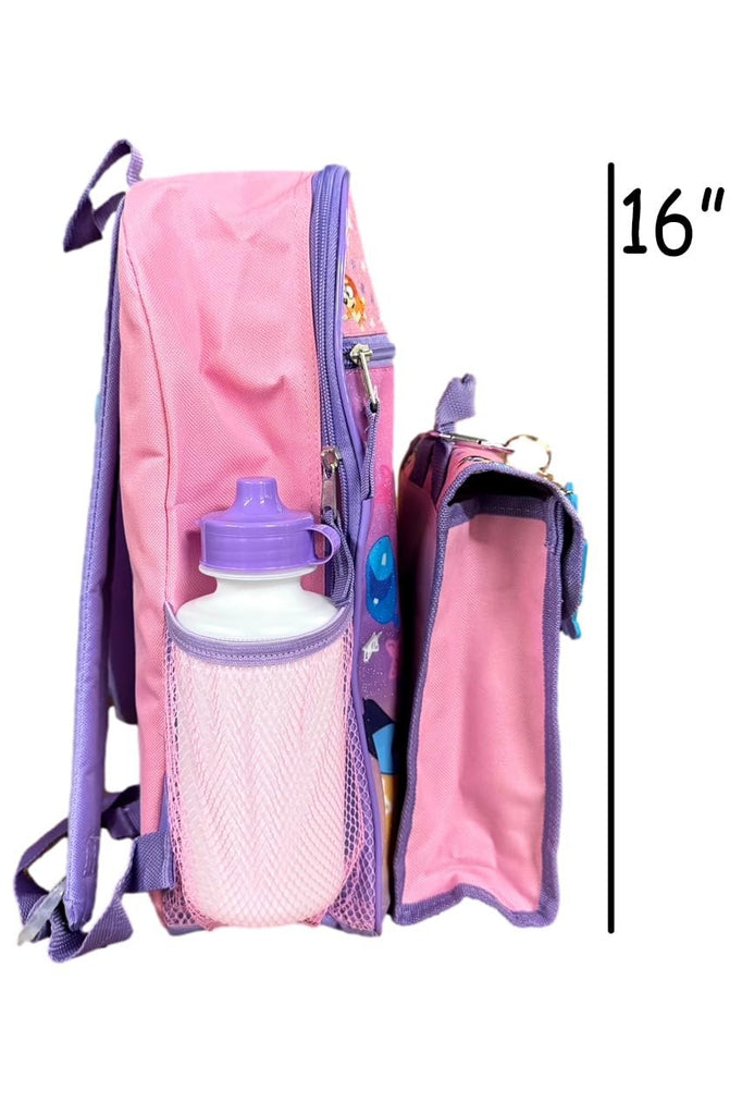 Fast Forward Bluey Backpack Personalized Bookbag and Snack Tote for Back to School with Water Bottle Rubber Dangle and Carabiner - 5pc Set