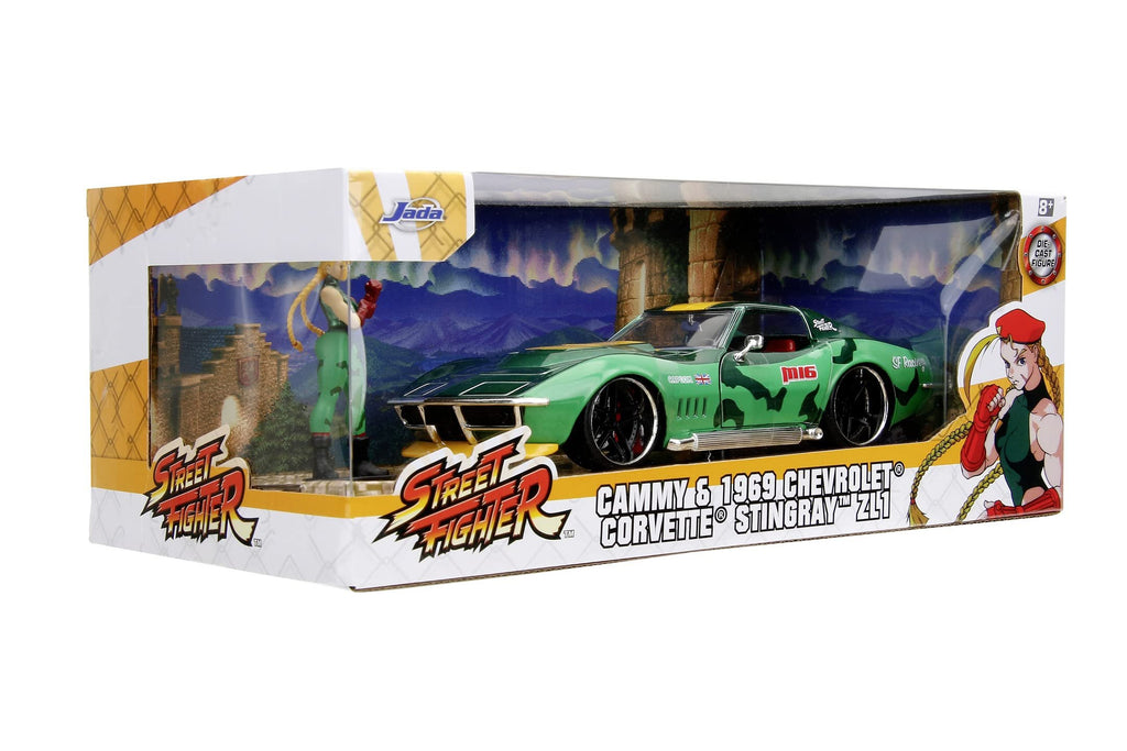 Jada Street Fighter 1:24 1969 Chevrolet Corvette Stingray ZL1 & 2.75" Cammy Figure, Toys for Kids and Adults