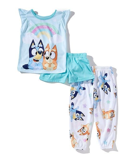 Centric Brands Bluey & Bingo 3-Piece Pajama Set – Rainbow Short Sleeve Shirt, Pants & Shorts – Kids Sleepwear – Sizes 4, 6, 8, 10