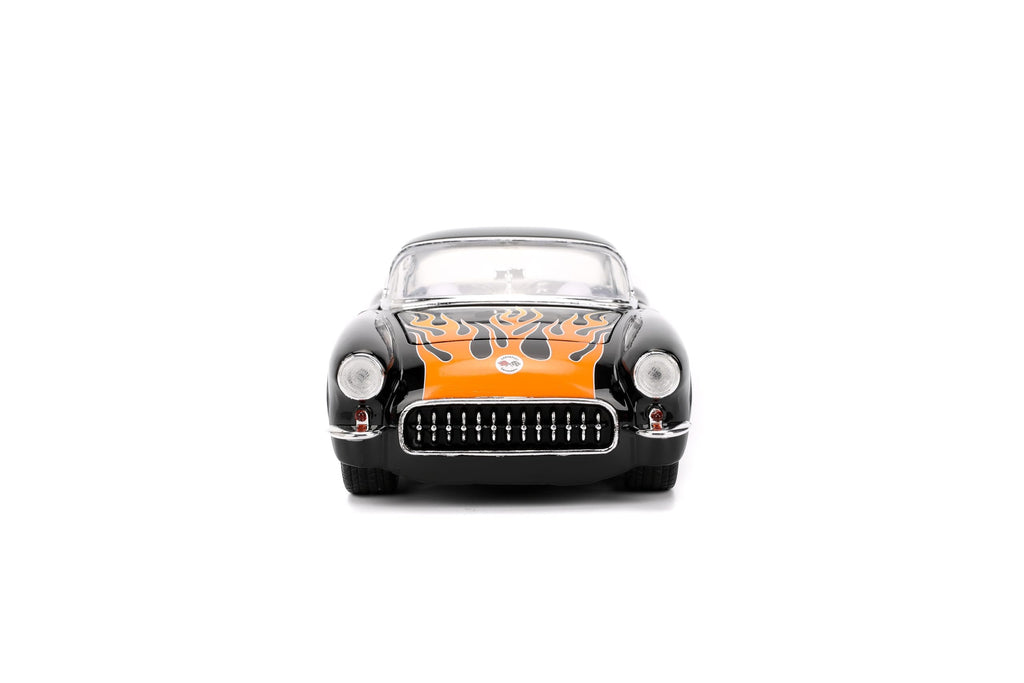 Jada Toys Bigtime Muscle 1:24 1957 Chevy Corvette Die-cast Car – Opening Doors, Hood, Trunk, Rubber Tires(Glossy Black Flames)