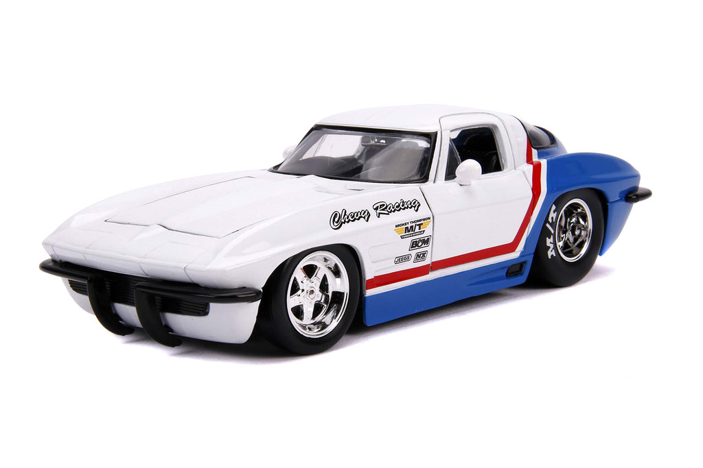 Jada 1963 Chevrolet Corvette Stingray White and Blue with Red Stripe Chevy Racing Bigtime Muscle 1/24 Diecast Model Car