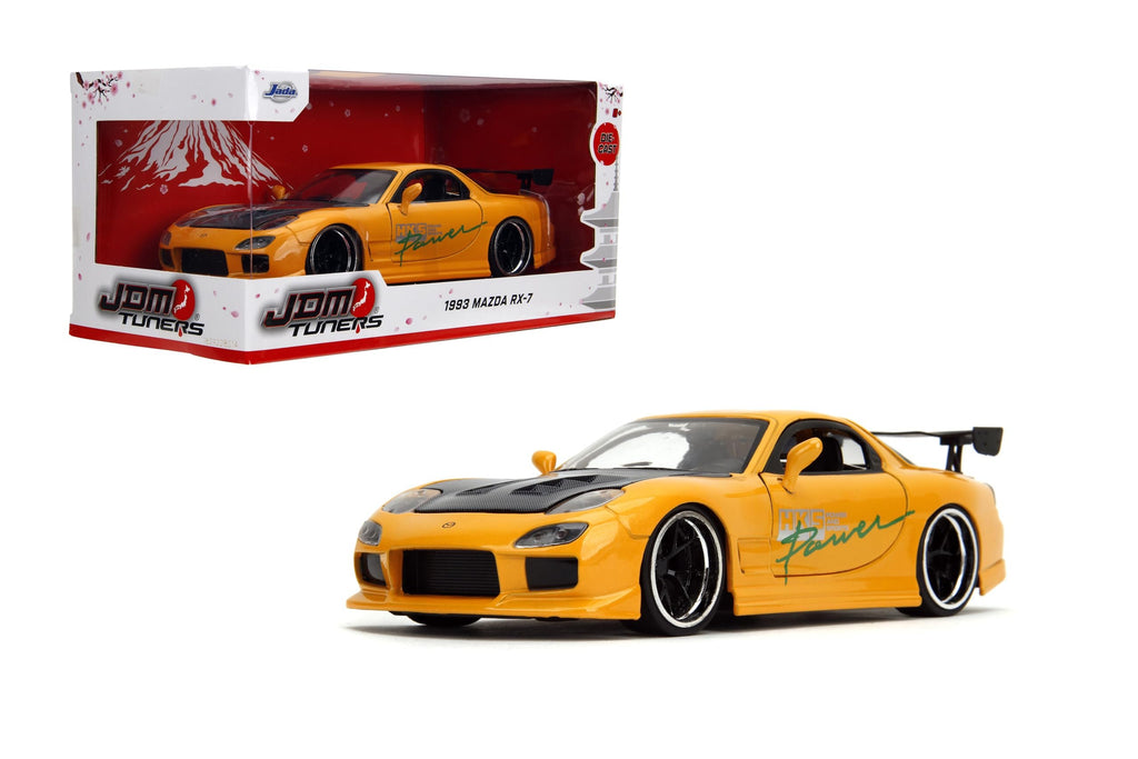 Jada Toys JDM Tuners 1:24 Scale Die-Cast 1993 Mazda RX-7 (FD) HKS, Opening Doors, Detailed Interior, Rubber Tires, Collectible for Ages 8+(Yellow Orange)