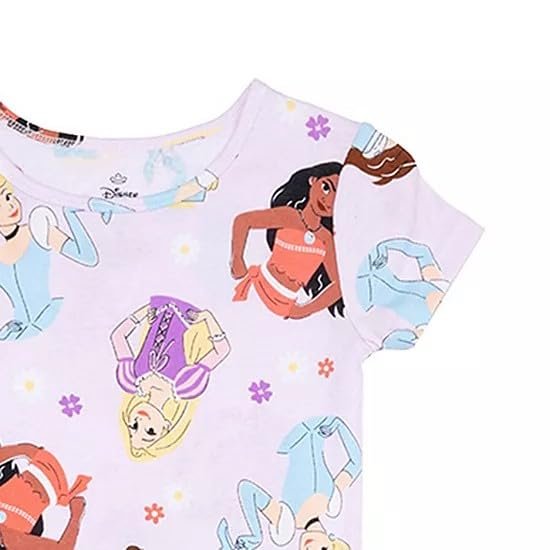 Centric Brands Girls’ Princess 4pc Pajama Set – Moana, Cinderella, Rapunzel & Belle – 2 Tops, Shorts & Pants – 100% Cotton