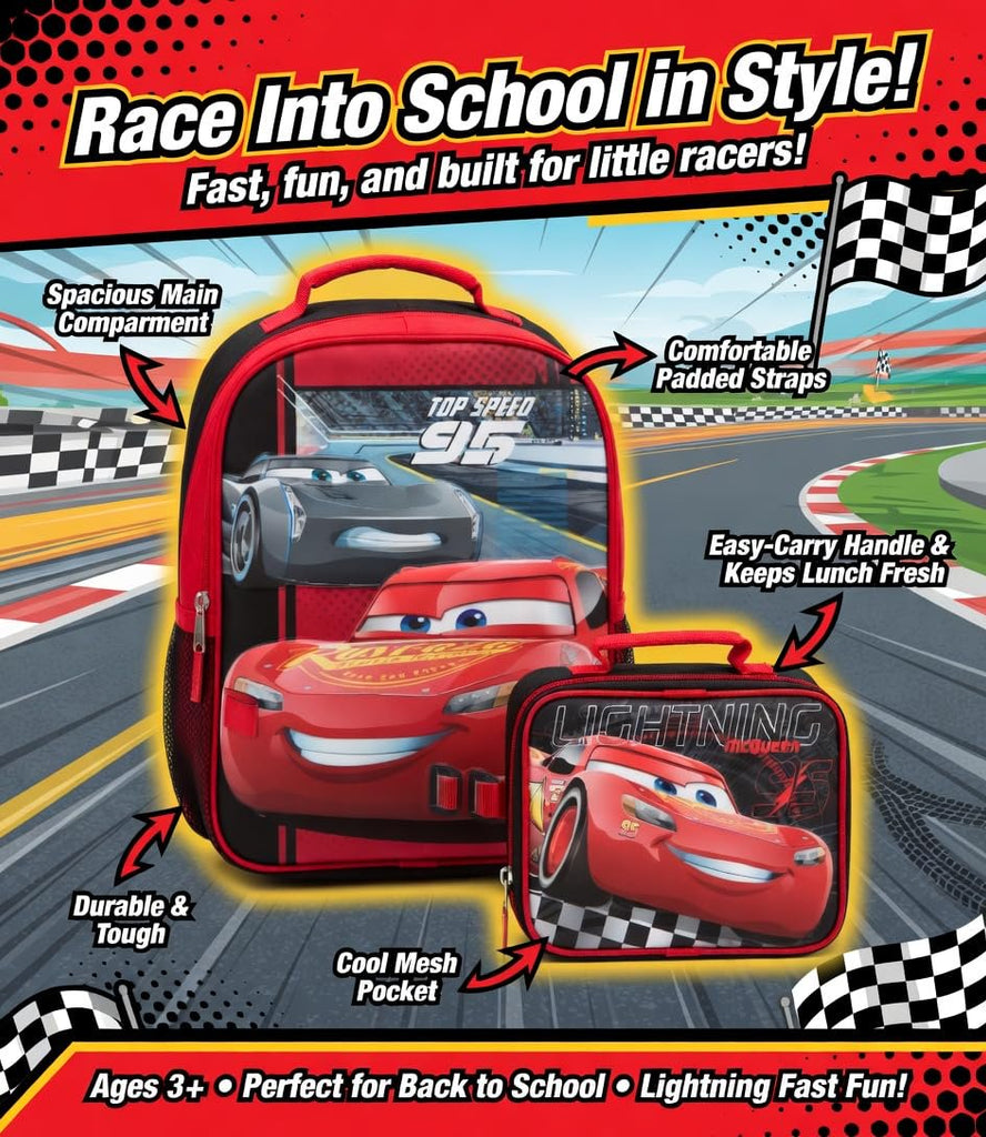 Fast Forward Disney Cars 16" Backpacks With Lunch Bag - Licensed Characters Kids Schoolbag