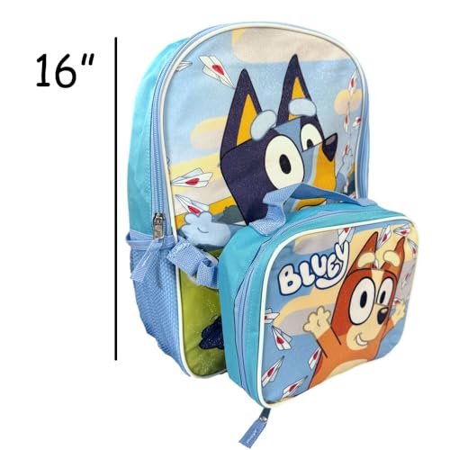Fast Forward Bluey Backpack Personalized Bookbag and Snack Tote for Back to School with Water Bottle Rubber Dangle and Carabiner - 5pc Set