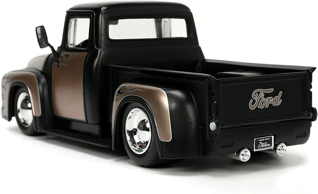 Jada Toys Just Trucks 1:24 1956 Ford F-100 Die-cast Car Black/Brown with Tire Rack, Toys for Kids and Adults