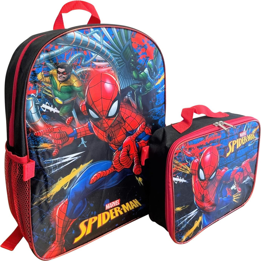 Spiderman Boys 16 Inch Backpack With Removable Matching Lunch Box Set (Black-Red)