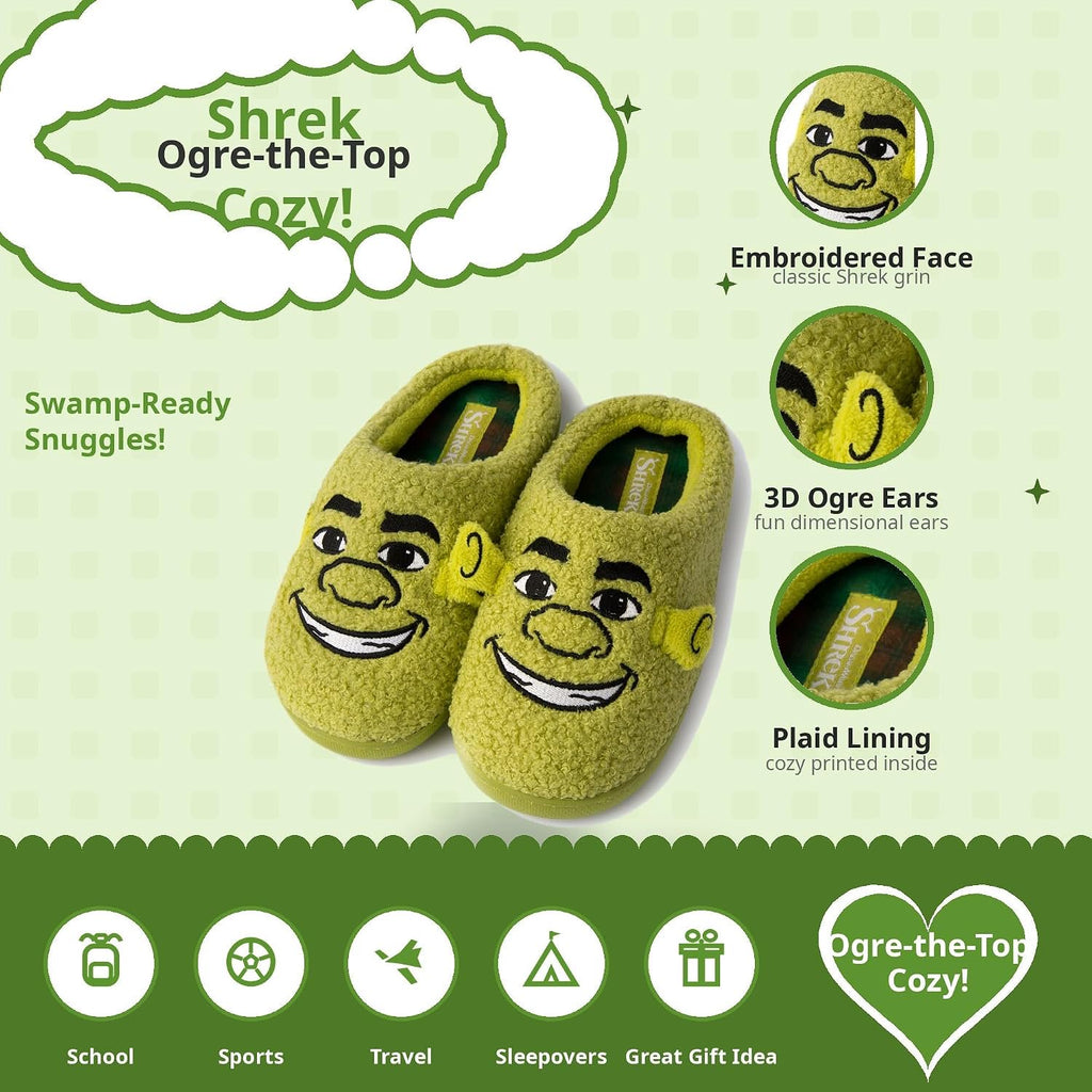 Handcraft Shrek Boys Boucle Clog Slippers with Embroidered Face and 3D Ears, Green, 4-5 Big Kid