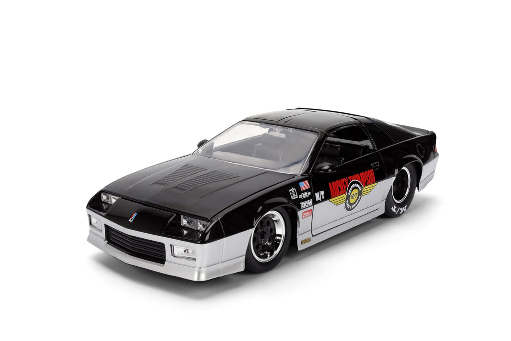 Jada Toys Bigtime Muscle 1:24 1985 Chevy Camaro Mickey Thompson Die-cast Car – Opening Doors, Hood, Trunk, Rubber Tires(Glossy Black/Silver)