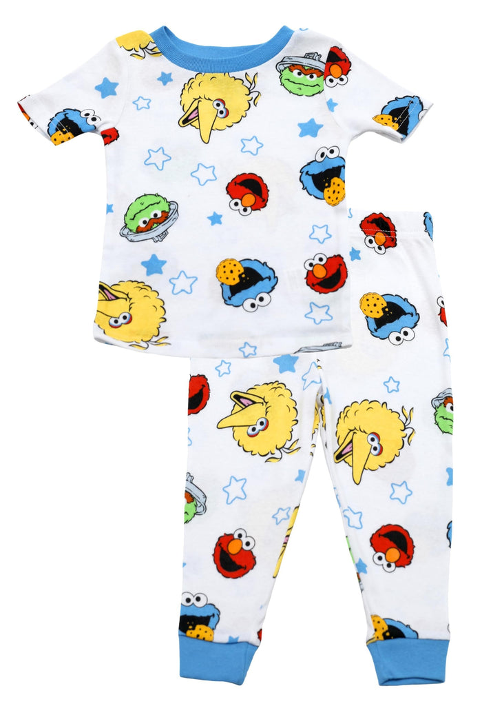 Sesame Street Elmo Pajamas for Toddlers, 4 Piece Cotton Elmo Pjs for Boys, Big Bird, Cookie Monster, Oscar the Grouch, 2T White