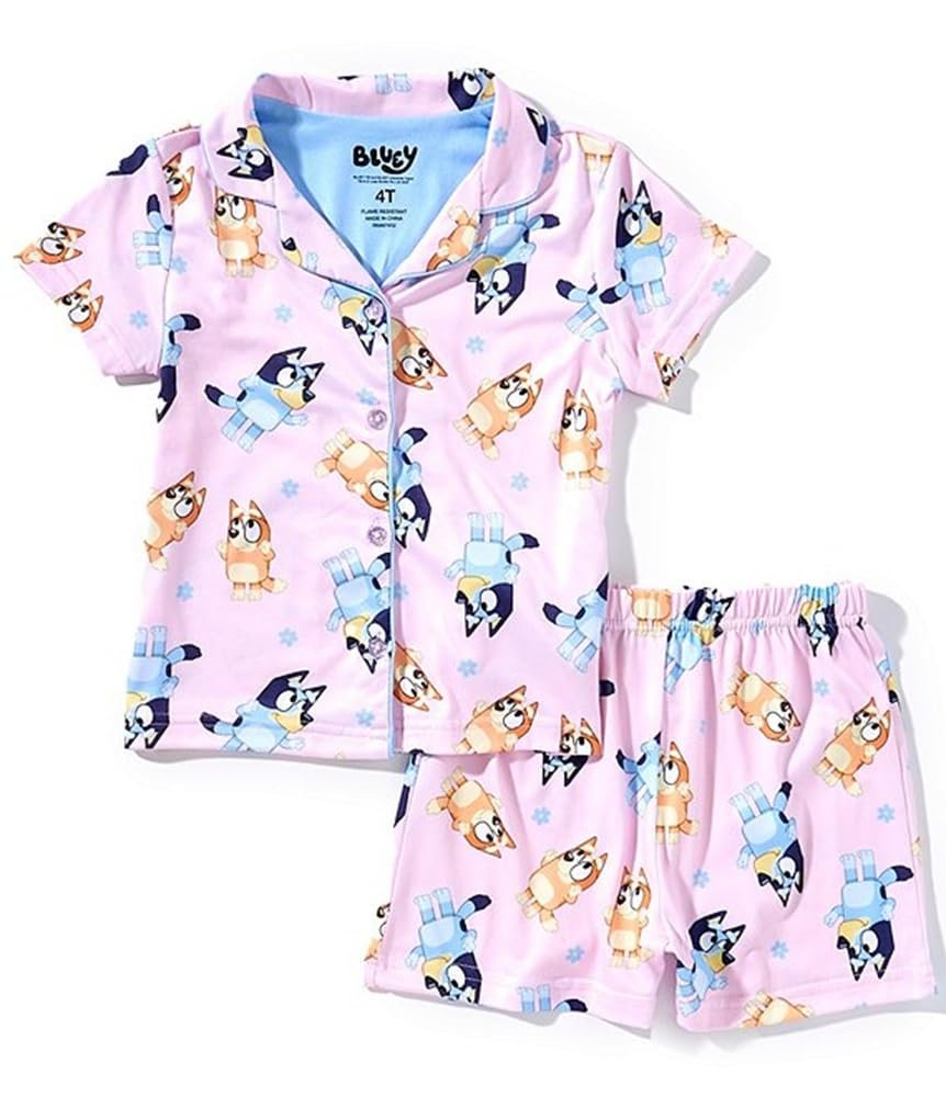 Centric Brands Bluey & Bingo Girls’ 2pc Pajama Set – Button-Down Collared Top & Shorts – Soft Poly/Spandex – Sizes 2T–4T
