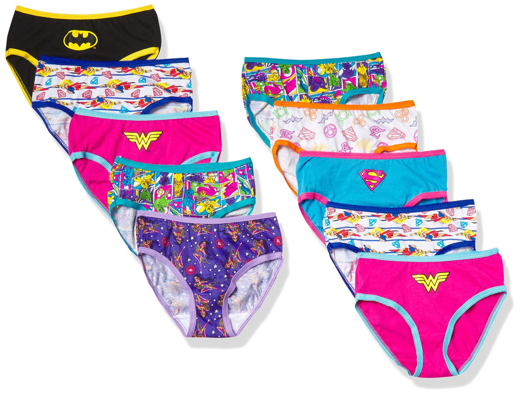 DC Comics Girls Superhero Underwear with Wonder Woman, Batman, Superman Logos and Comic Prints sizes 4, 6, 8, 10, 10-Pack Justice League Logo PANTY, 4