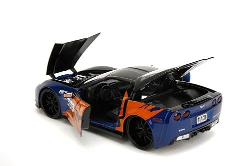 Jada Toys Bigtime Muscle 1:24 2006 Chevy Corvette Z06 Die-cast Car – Opening Doors, Hood, Trunk, Rubber Tires(Metallic Blue/Orange)