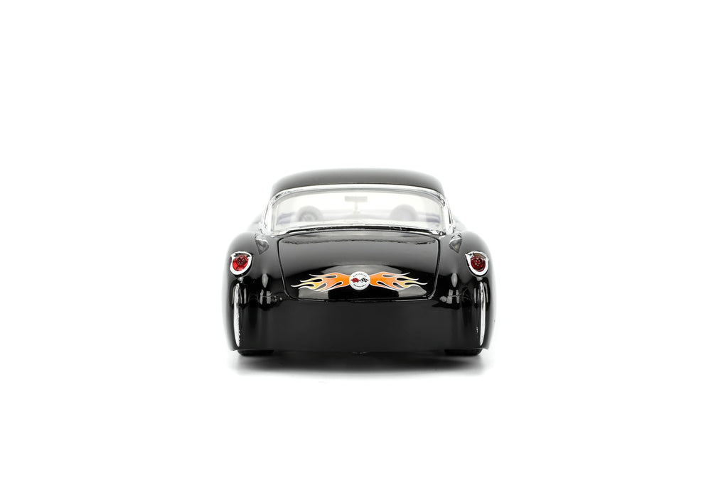 Jada Toys Bigtime Muscle 1:24 1957 Chevy Corvette Die-cast Car – Opening Doors, Hood, Trunk, Rubber Tires(Glossy Black Flames)