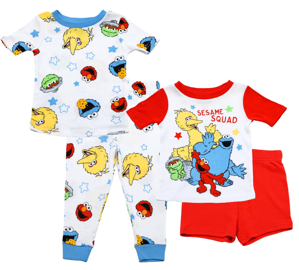 Sesame Street Elmo Pajamas for Toddlers, 4 Piece Cotton Elmo Pjs for Boys, Big Bird, Cookie Monster, Oscar the Grouch, 2T White