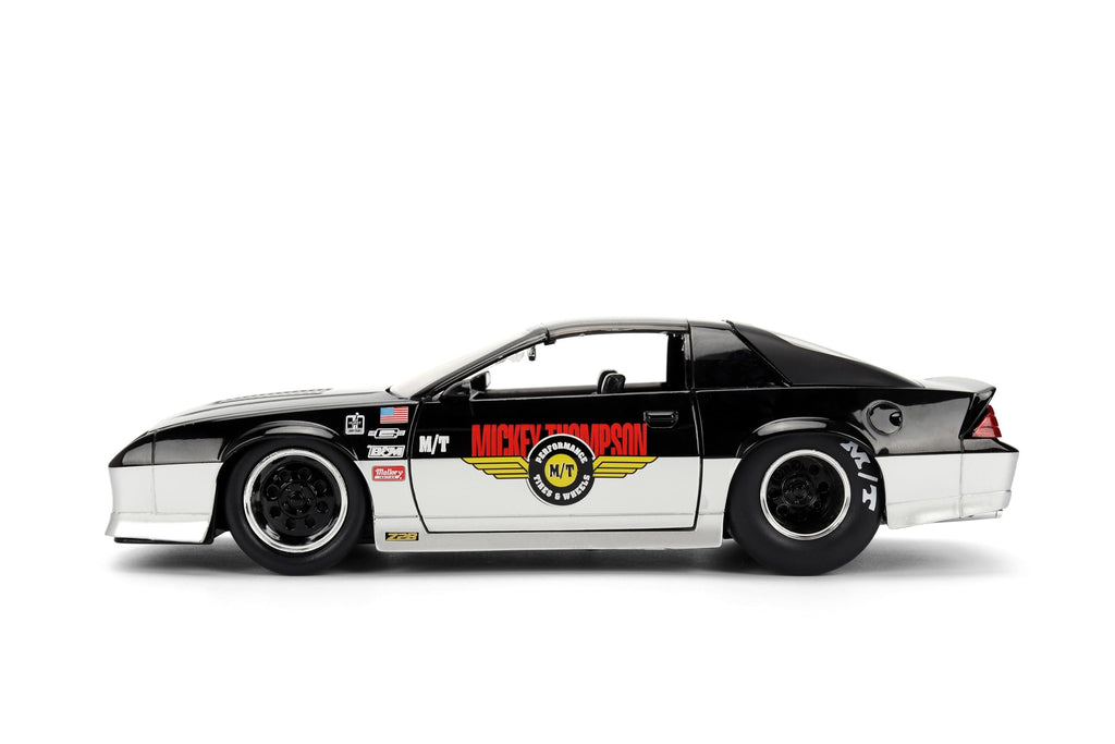 Jada Toys Bigtime Muscle 1:24 1985 Chevy Camaro Mickey Thompson Die-cast Car – Opening Doors, Hood, Trunk, Rubber Tires(Glossy Black/Silver)