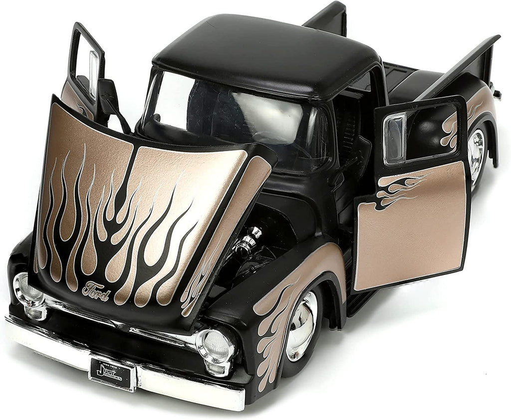 Jada Toys Just Trucks 1:24 1956 Ford F-100 Die-cast Car Black/Brown with Tire Rack, Toys for Kids and Adults