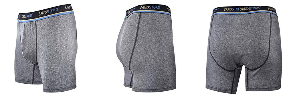 Black/Silver Heather/Polaris Sand Storm Mens Performance Boxer Briefs - 6-Pack No-Fly Tagless Breathable Underwear S-5XL Regular or Plus Size