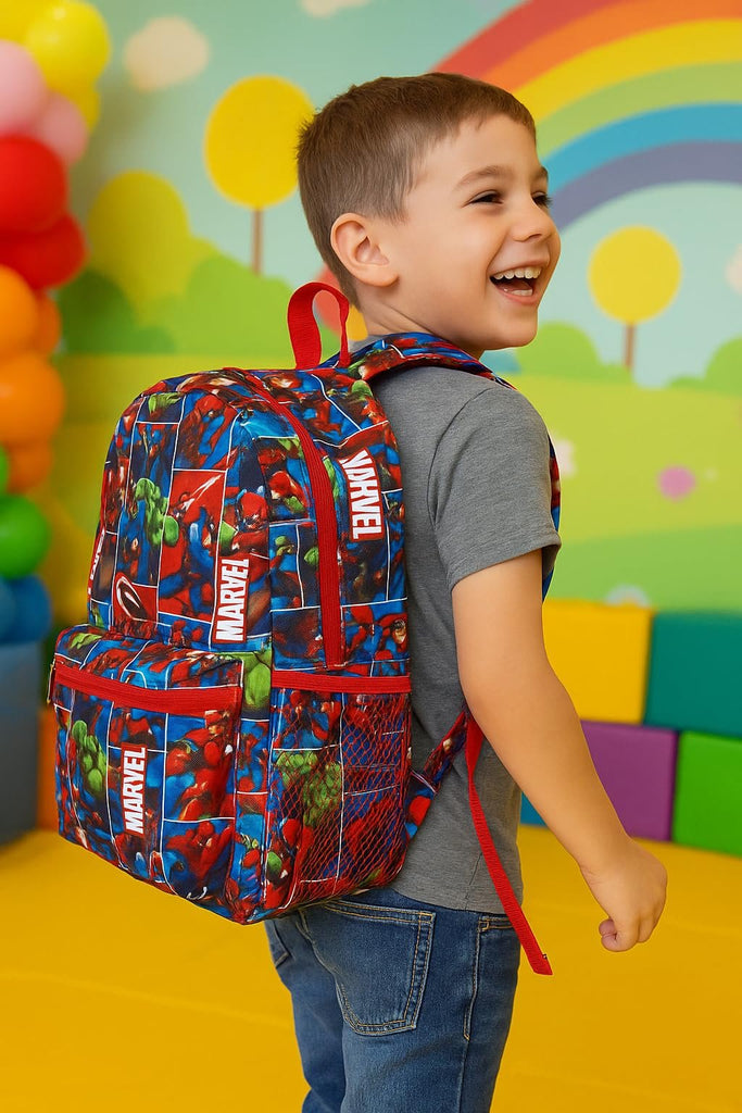 Fast Forward Avengers Boys’ 16" Backpack – Allover Print with Captain America, Hulk, Iron Man, Thor & Flash Printed Straps, Front Pocket & Mesh Sides