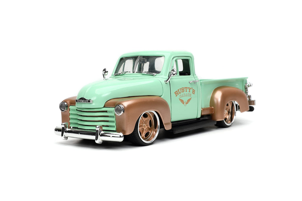Just Trucks 1:24 1953 Chevy Pickup Rusty's Garage Die-Cast Car & Tire Rack, Toys for Kids and Adults(Light Green)
