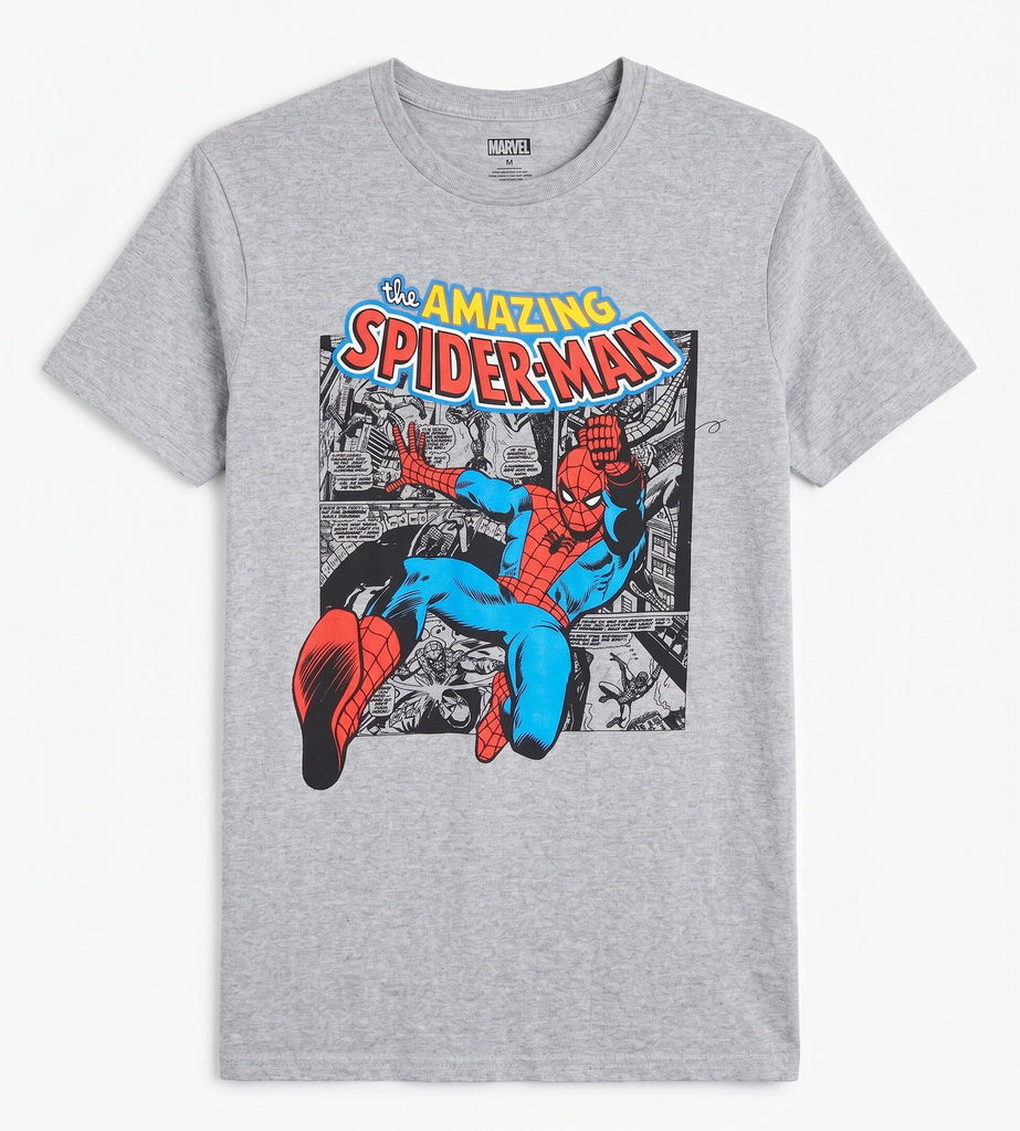 Marvel The Amazing Spider-Man Men's Short Sleeve T-Shirt – Vintage Comic Cover Tee – Heather Grey