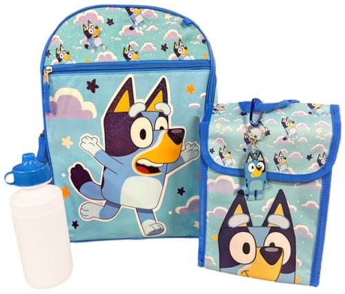 Fast Forward Bluey Backpack Personalized Bookbag and Snack Tote for Back to School with Water Bottle Rubber Dangle and Carabiner - 5pc Set