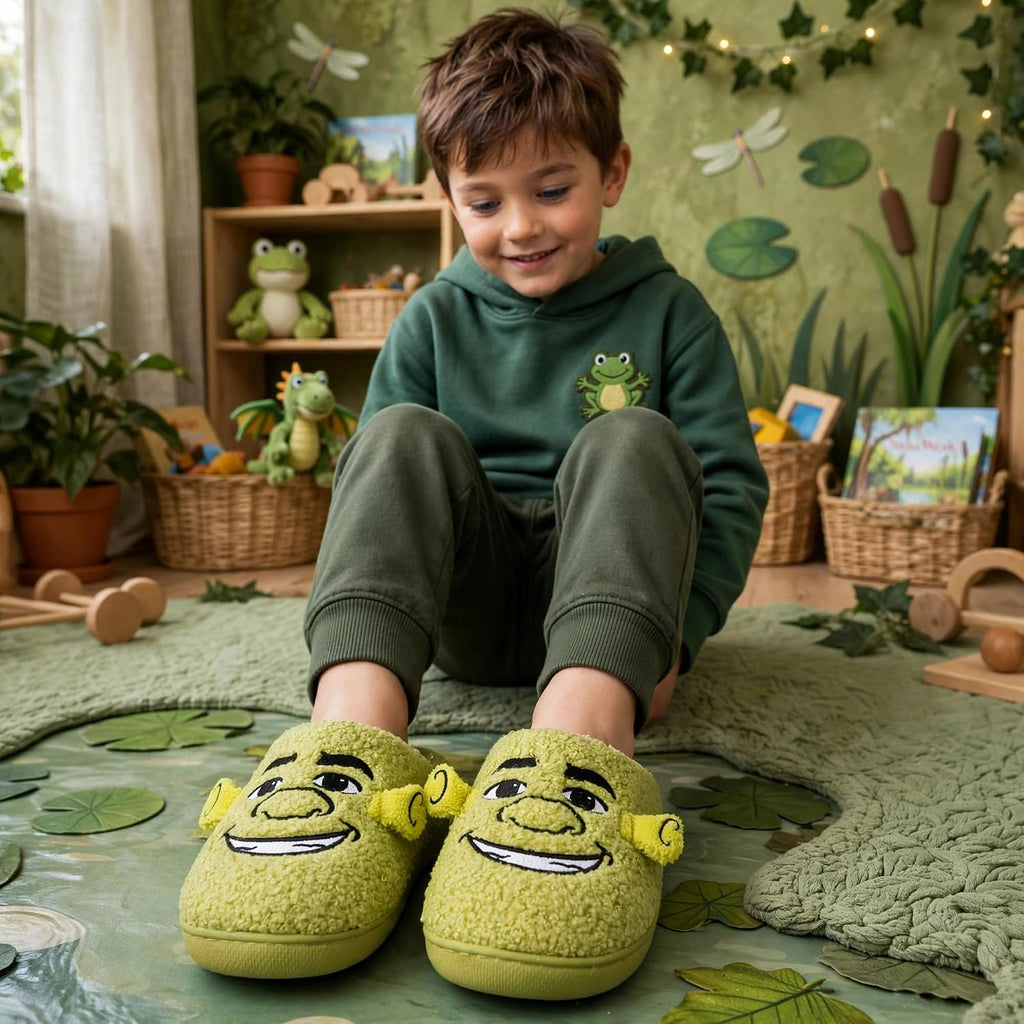 Handcraft Shrek Boys Boucle Clog Slippers with Embroidered Face and 3D Ears, Green, 4-5 Big Kid