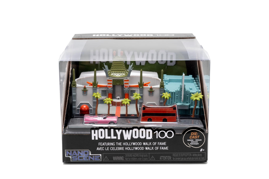 Nano Hollywood Rides Walk of Fame Diorama w/Hollywood Sign and 2 Vehicles (Double-Decker Tour Bus & 1958 Cadillac Series 62 Convertible), Toys for Kids and Adults