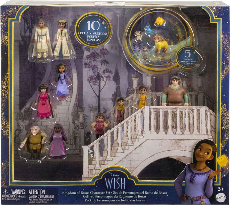 Disney's Wish Kingdom of Rosas Character Small Doll Set, 10 Posable Mini Dolls & 5 Friend Figures