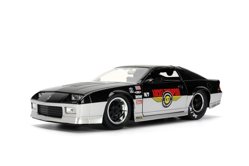 Jada Toys Bigtime Muscle 1:24 1985 Chevy Camaro Mickey Thompson Die-cast Car – Opening Doors, Hood, Trunk, Rubber Tires(Glossy Black/Silver)