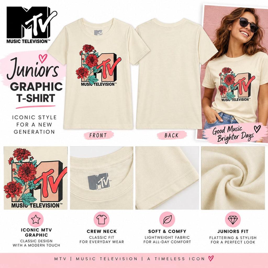 MTV Juniors Short Sleeve Cropped T-Shirt – Floral Logo Crop Tee – Cream