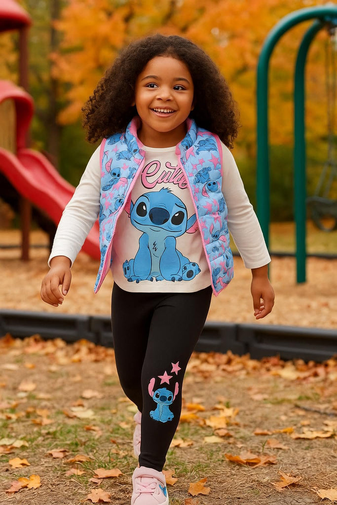 Disney Stitch Girls’ 3-Piece Outfit Set – Puffer Vest, Long Sleeve “Cutie” Top & Leggings – Toddler & Kids Clothing