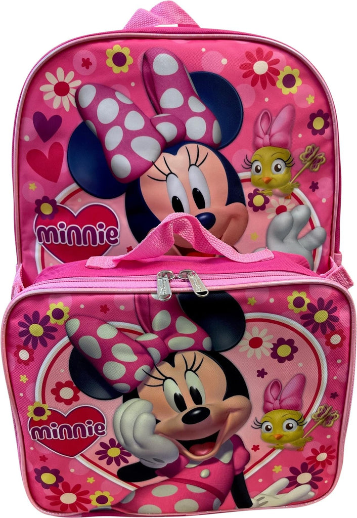 Kid's Licensed 16 Inch Backpack With Removable Lunch Box Set (Minnie Mouse Pink)