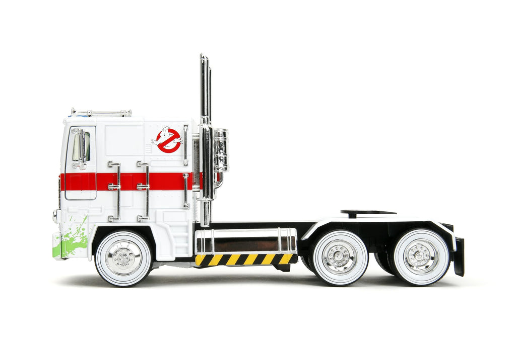 Jada Transformers G1 Optimus Prime Big Rig with Ghostbusters Ecto-1 Graphics - Die-Cast Vehicle - 1:24 Scale, Opening Doors, Hood & Trunk, Rubber Tires - Ages 8+ - White/Green