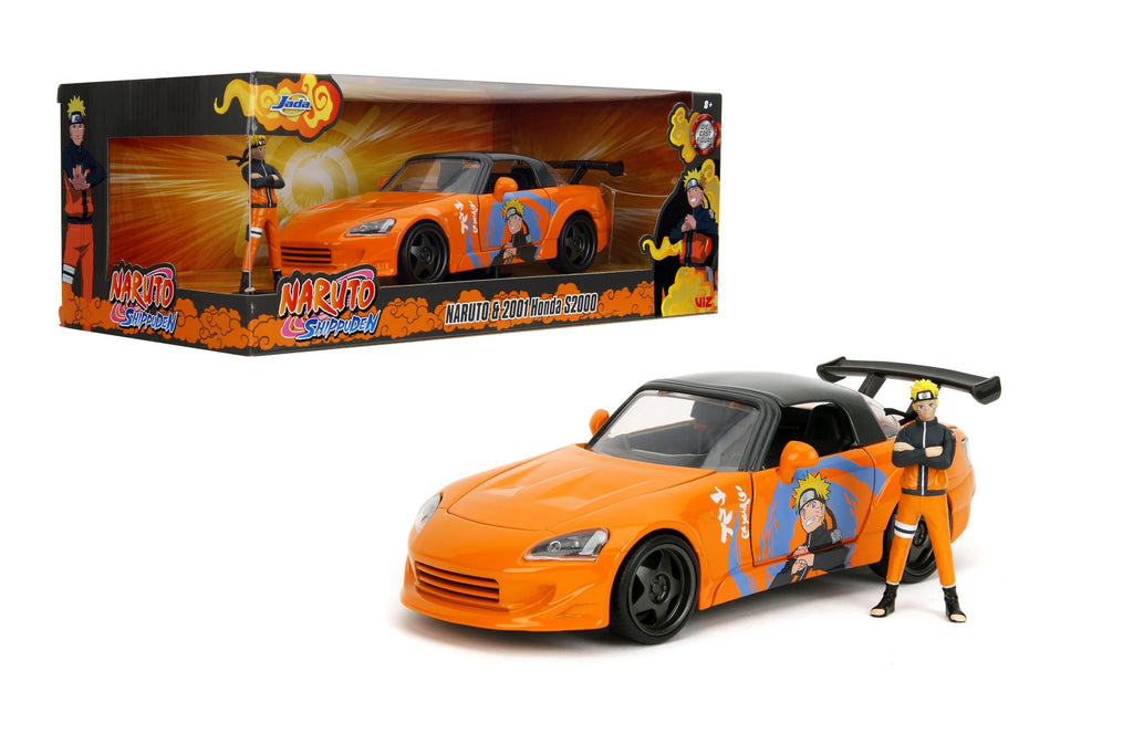 Jada 2001 Honda S2000 with Naruto Figure - Die-Cast Vehicle - 1:24 Scale, Opening Doors, Hood & Trunk, Rubber Tires - Hollywood Rides Anime Series - Ages 8+ - Orange/Black