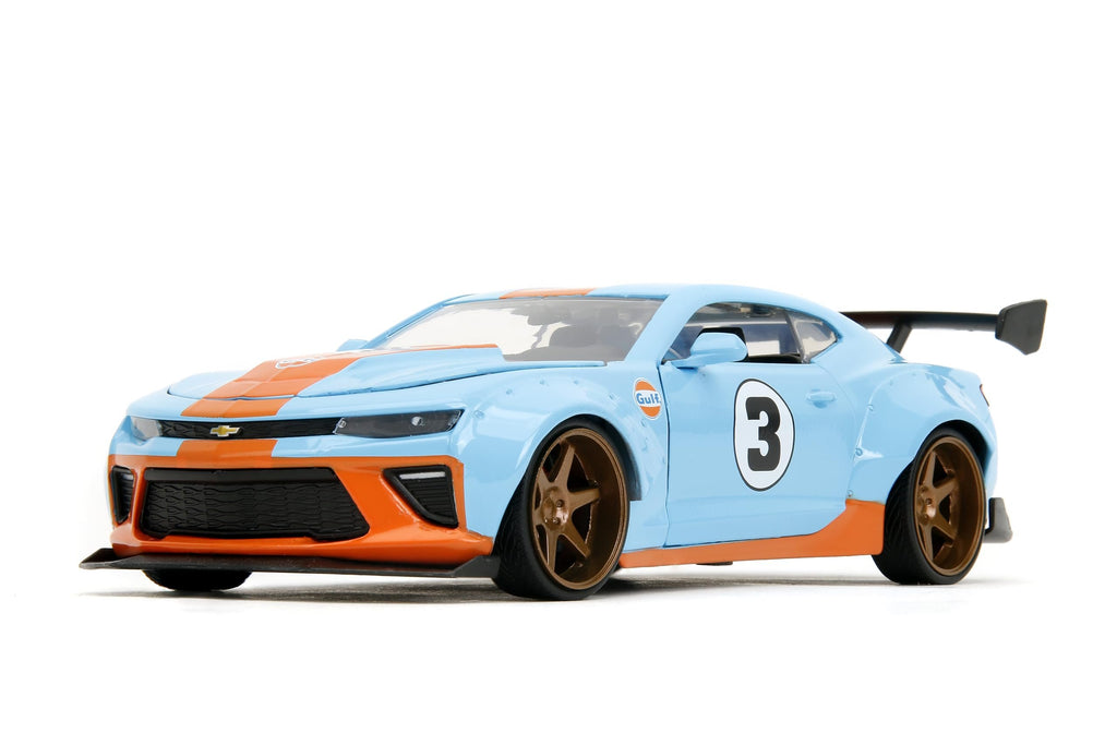 Jada Toys Big Time Muscle 1:24 2016 Chevy Camaro SS Widebody Gulf Die-Cast Car, Toys for Kids and Adults(Blue/Orange)