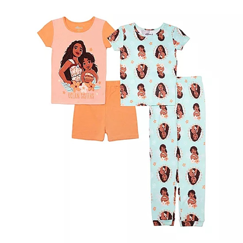 Girls’ Moana & Simea 4pc Pajama Set – 100% Cotton Short Sleeve Tops, Shorts & Pants – Sizes 4, 6, 8, 10