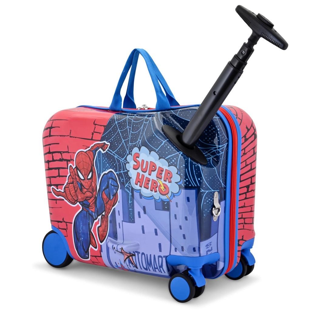 Fast Forward Marvel Spiderman Ride-On Kids Suitcase - 18" Tow-Along Toddler Luggage - Carry-On Cute Bag with Wheels 18"x10"x14.5"