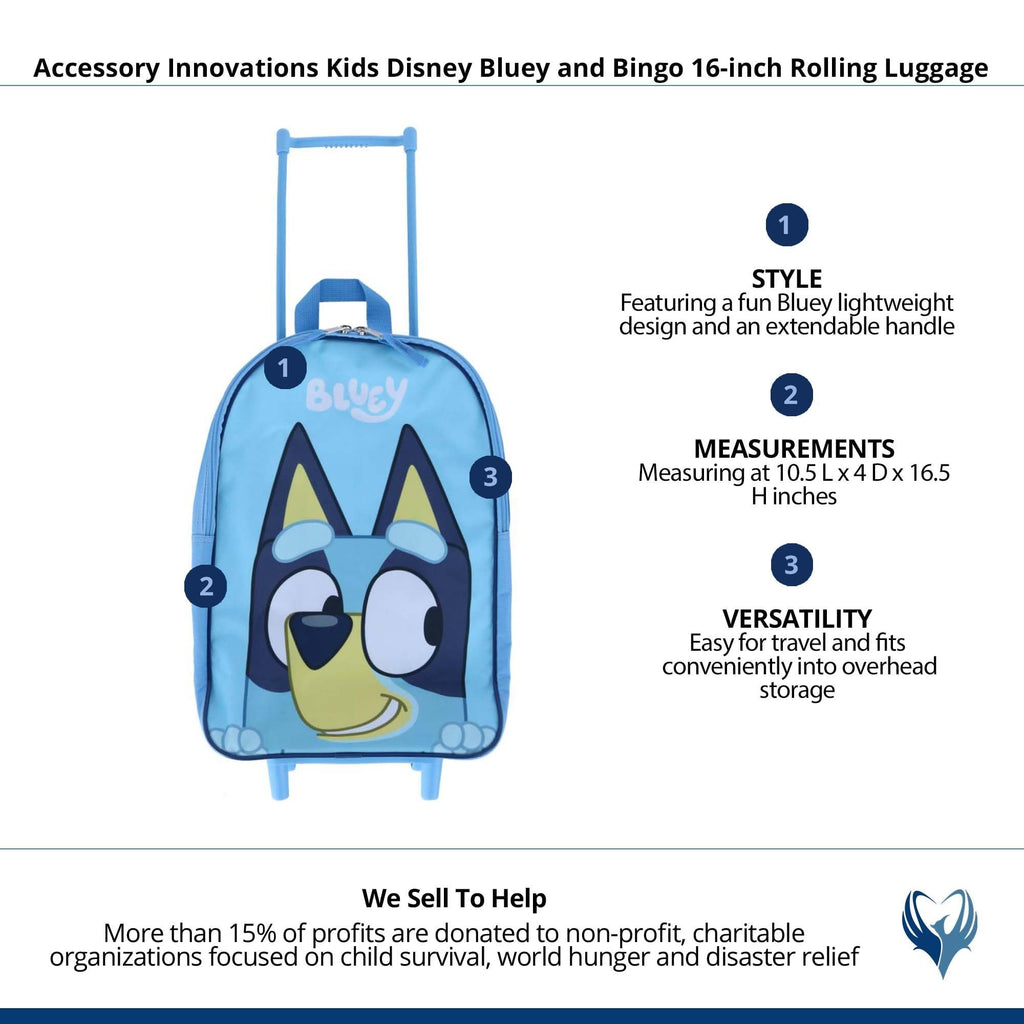 Accessory Innovations Kids Disney Bluey and Bingo 16-inch Rolling Luggage, Light Blue