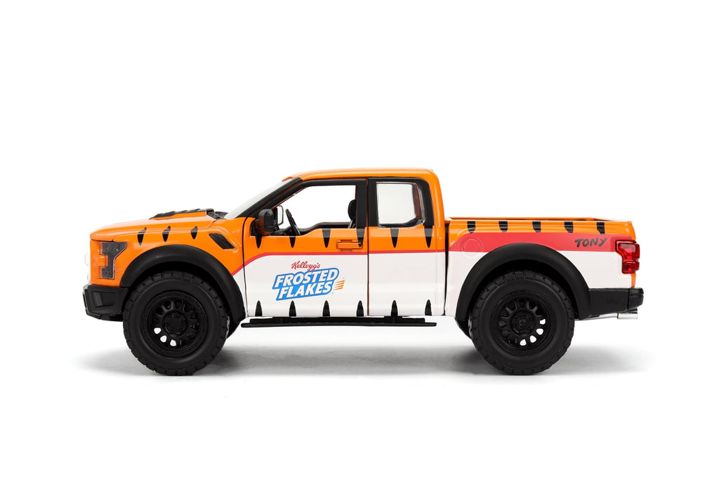 Jada 2017 Ford F150 Raptor Truck with Kellogg's Frosted Flakes Tony The Tiger Die-Cast Carwith Figure, 1:24 Collectible, Opening Doors, Rubber Tires Ages 8+ (Orange/White)