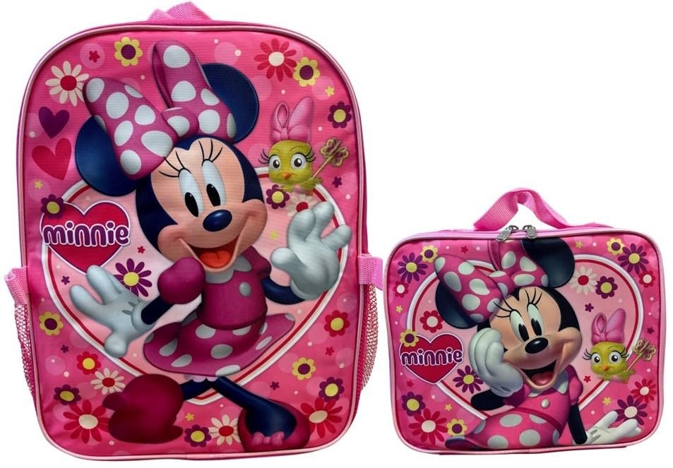Kid's Licensed 16 Inch Backpack With Removable Lunch Box Set (Minnie Mouse Pink)