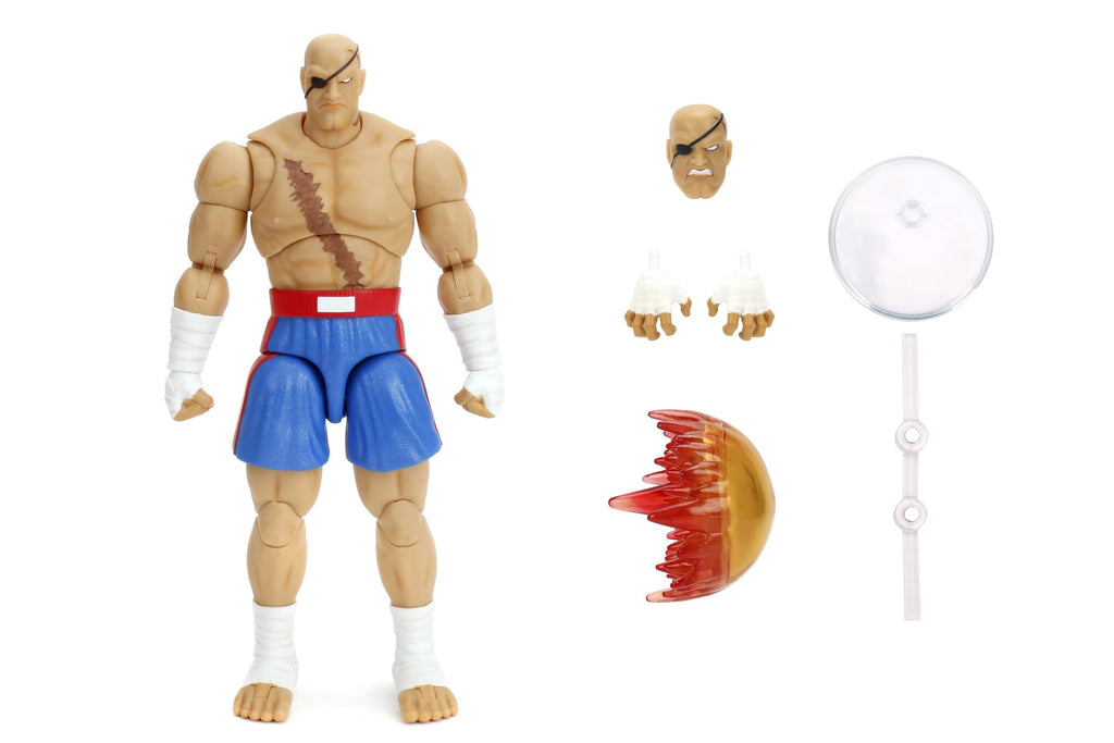 Jada Street Fighter II Sagat Deluxe 1:12 Scale Action Figure - Highly Articulated, Tiger Shot Accessory & Stand, 7.6" Tall