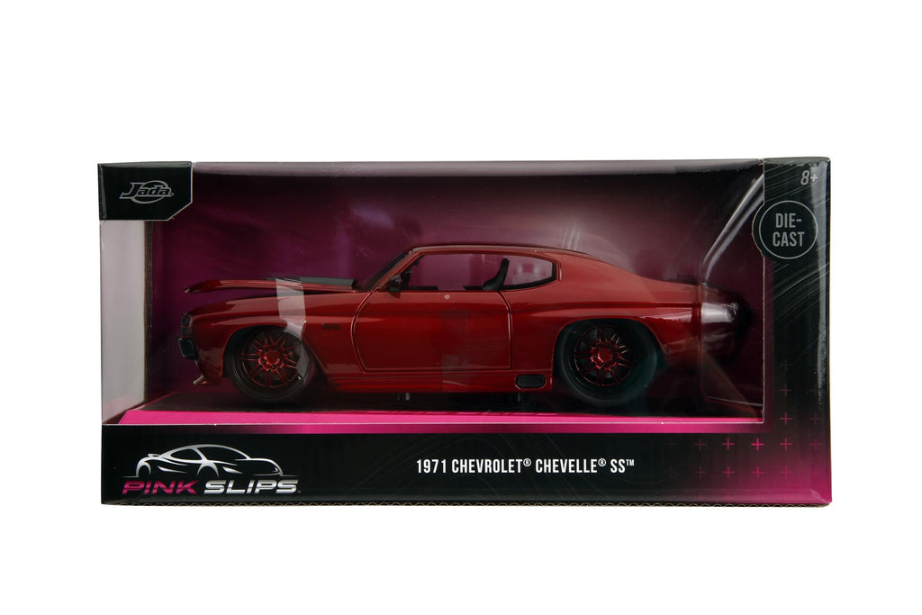 Pink Slips 1:24 W7 1971 Chevy SS Die-Cast Car w/Base, Toys for Kids and Adults(Candy Red)