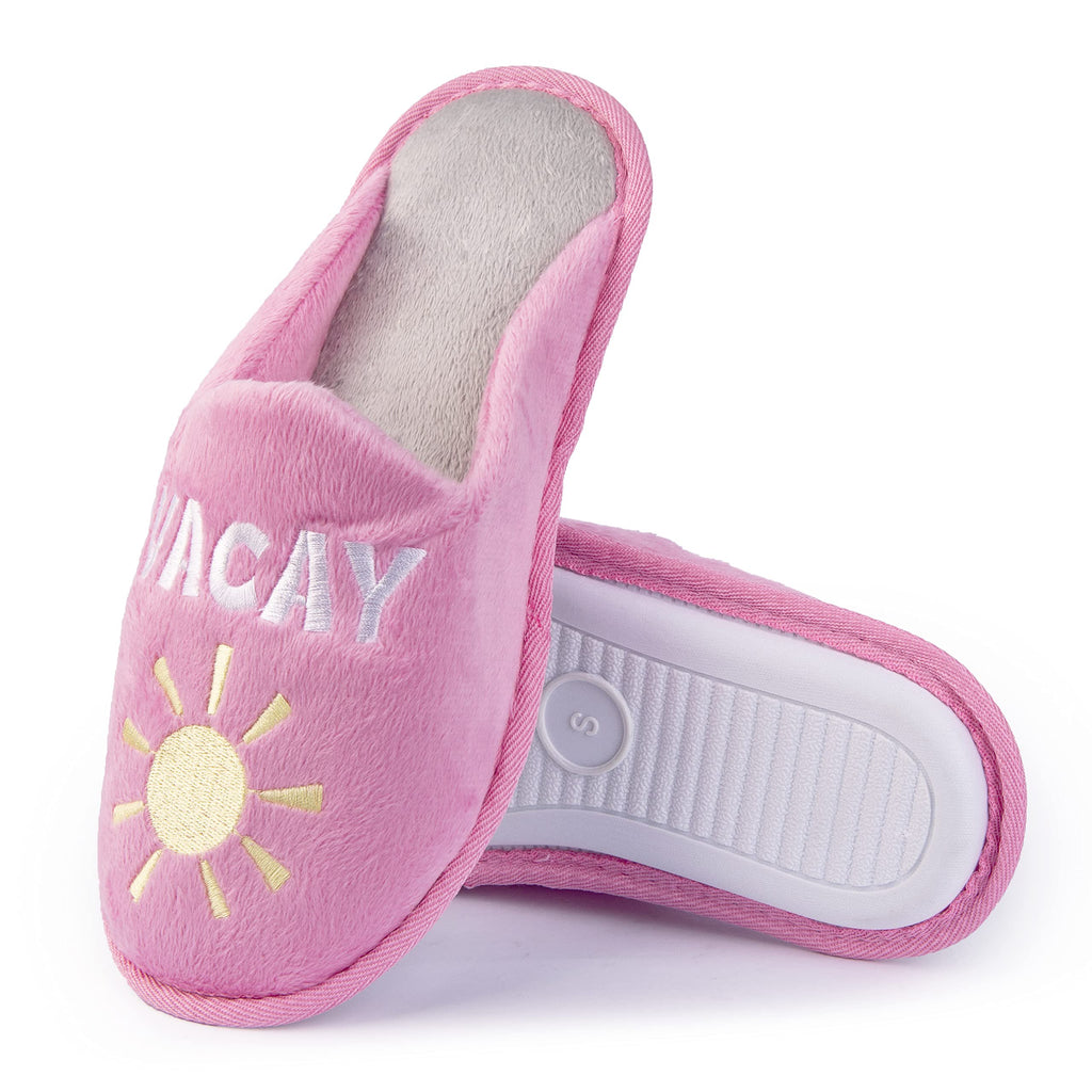 Handcraft Staycation NYC Ladies Funny Quote Scuff Slipper, Plush Non Slip House Slippers for Women, Comfy Soft Sole Bedroom Shoes