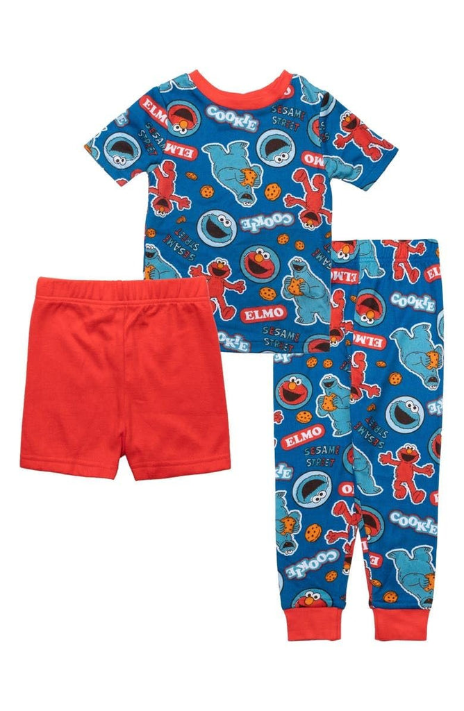 Centric Brands Sesame Street Boys' 3-Piece Pajama Set, Elmo & Cookie Monster Short Sleeve Shirt, Shorts & Pants, Sizes 4-10